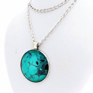 Silver Necklace "BLUE WATER" Pendant Fluid Art Silver Turquoise & Black